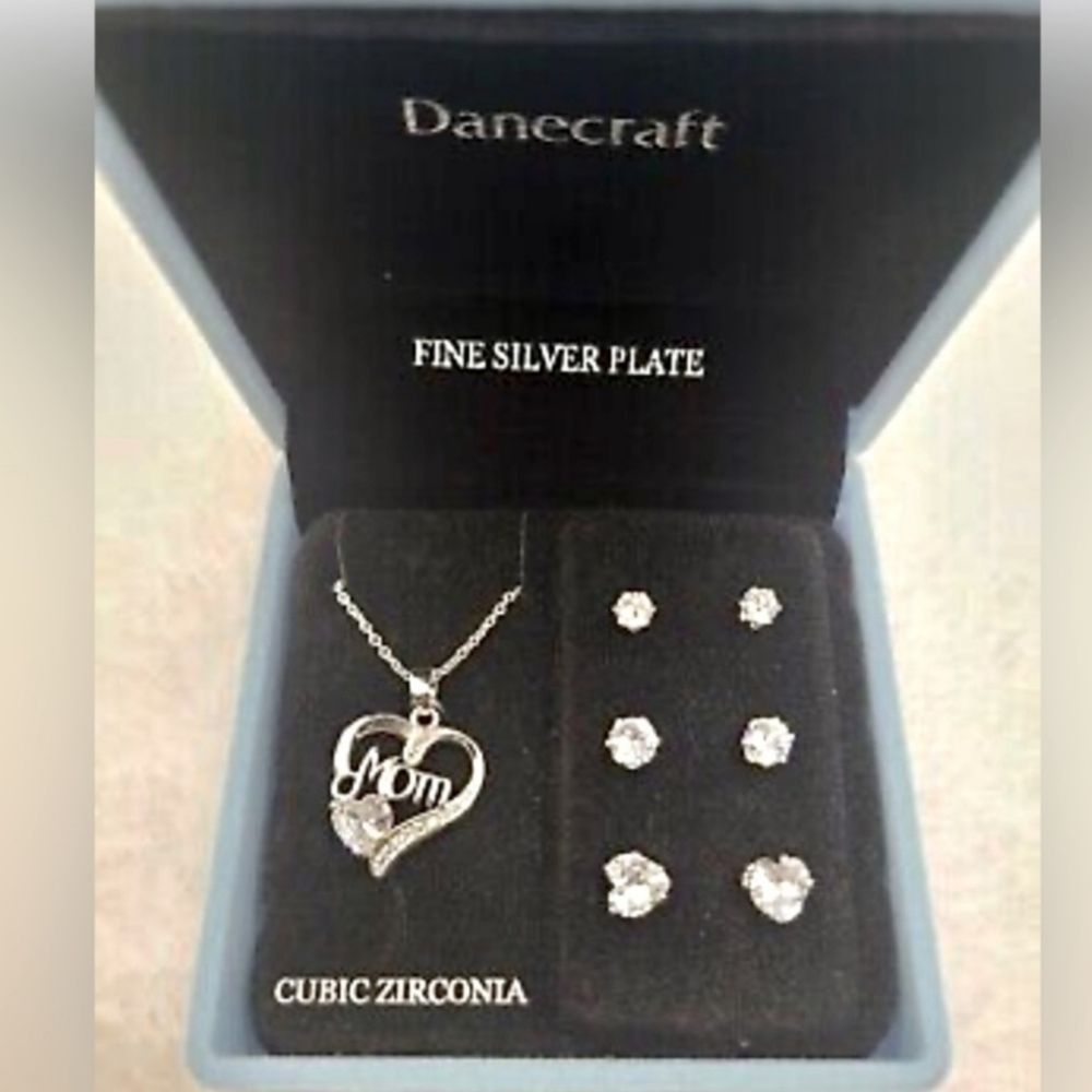 Mom SilverPlated Cubic Zirconia Necklace & Earring Set NIB